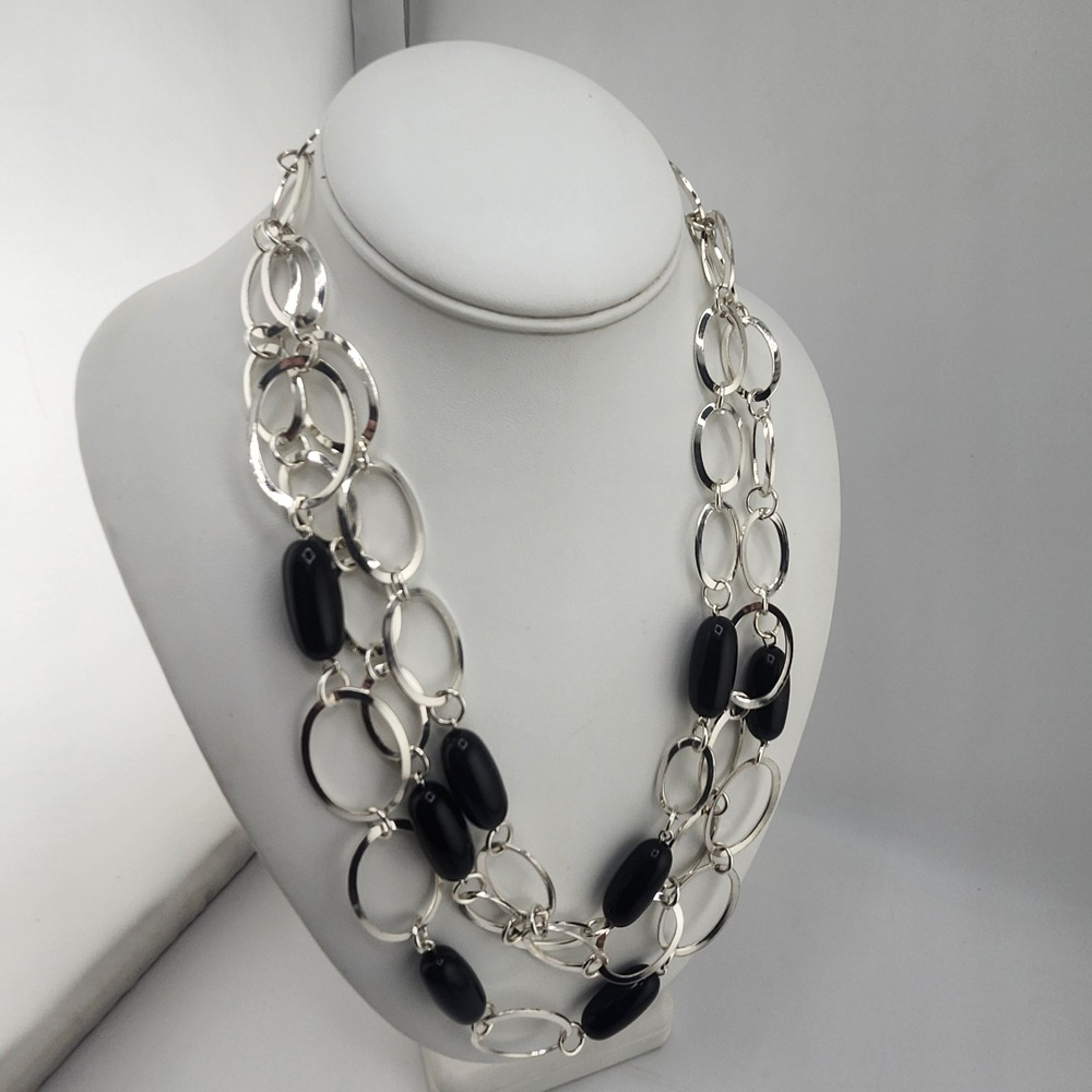 Silver Tone Oval And Black Bead Multistrand‎ Layered Necklace